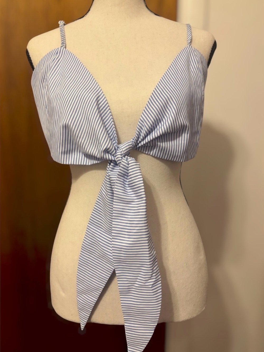 Fashion Nova Blue and White Tie Front Crop Top